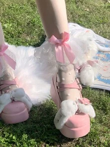 1 đôi tất nữ mỏng bằng lụa thủy tinh, viền ren, nơ và chấm bi, dài đến bắp chân, kiểu dáng Lolita dễ thương, đa năng cho mùa xuân/hè. - trắng - Xem 2