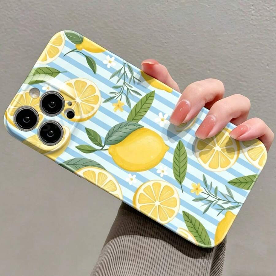 1 pieza Funda de teléfono con patrón de flor y hoja de limón fresco perforada y brillante, apta para iPhone 11/12/13/14/15/16 Pro Max - Multicolor - Ver 1