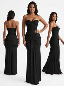 Women's Strapless Evening Gown With Corset Bodice Lace Appliqués And Twist-Draped Sash, Party Dresses For Formal Galas And Special Occasions - màu đen - Xem 1
