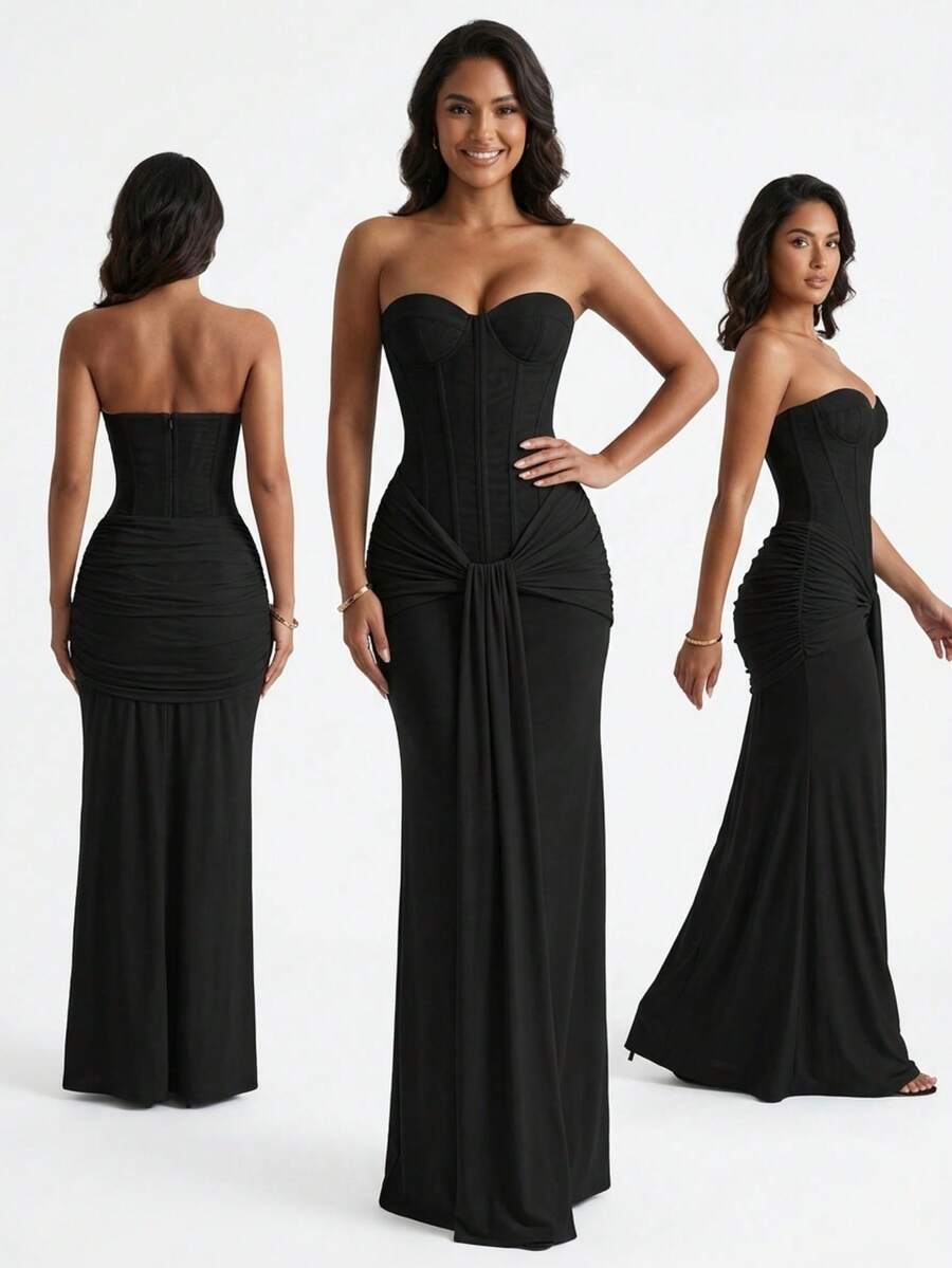 Women's Strapless Evening Gown With Corset Bodice Lace Appliqués And Twist-Draped Sash, Party Dresses For Formal Galas And Special Occasions - màu đen - Xem 1