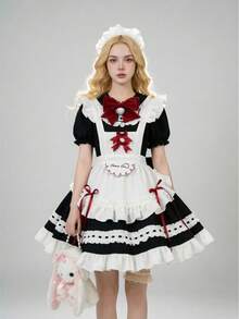 甜美红黑女仆装洛丽塔连衣裙大蝴蝶结围裙荷叶边裙可爱爱丽丝女仆装红色蝴蝶结洛丽塔连衣裙蕾丝边万圣节角色扮演 - 黑色 - 查看 1