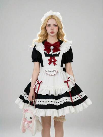 Trang phục hầu gái đỏ đen ngọt ngào kiểu Lolita, váy tạp dề nơ lớn, váy xếp ly, trang phục hầu gái Alice dễ thương, váy Lolita nơ đỏ, viền ren, trang phục hóa trang Halloween.