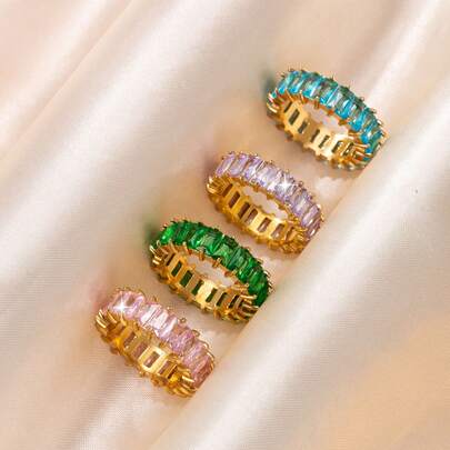 1枚时尚奢华几何立方氧化锆不锈钢戒指，适合女士日常或派对佩戴