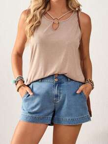 Women's Pocket Design Loose Fit Casual Wide Leg Denim Shorts - Azul - Ver 3