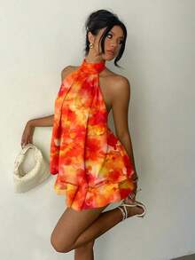 Vestido mini elegante de mujer con cuello halter y lazo en color amarillo claro - Naranja - Ver 3