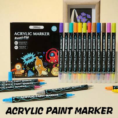 12-60 Colors Acrylic Marker Pens, Dual Tip Dotting Pens, Water-Based Pigment Pens For Ceramic, Fabric, Canvas, Stone Painting, Vibrant Colors, Smooth Flow, Bleed-Proof, Ideal For Back To School, Student Gift