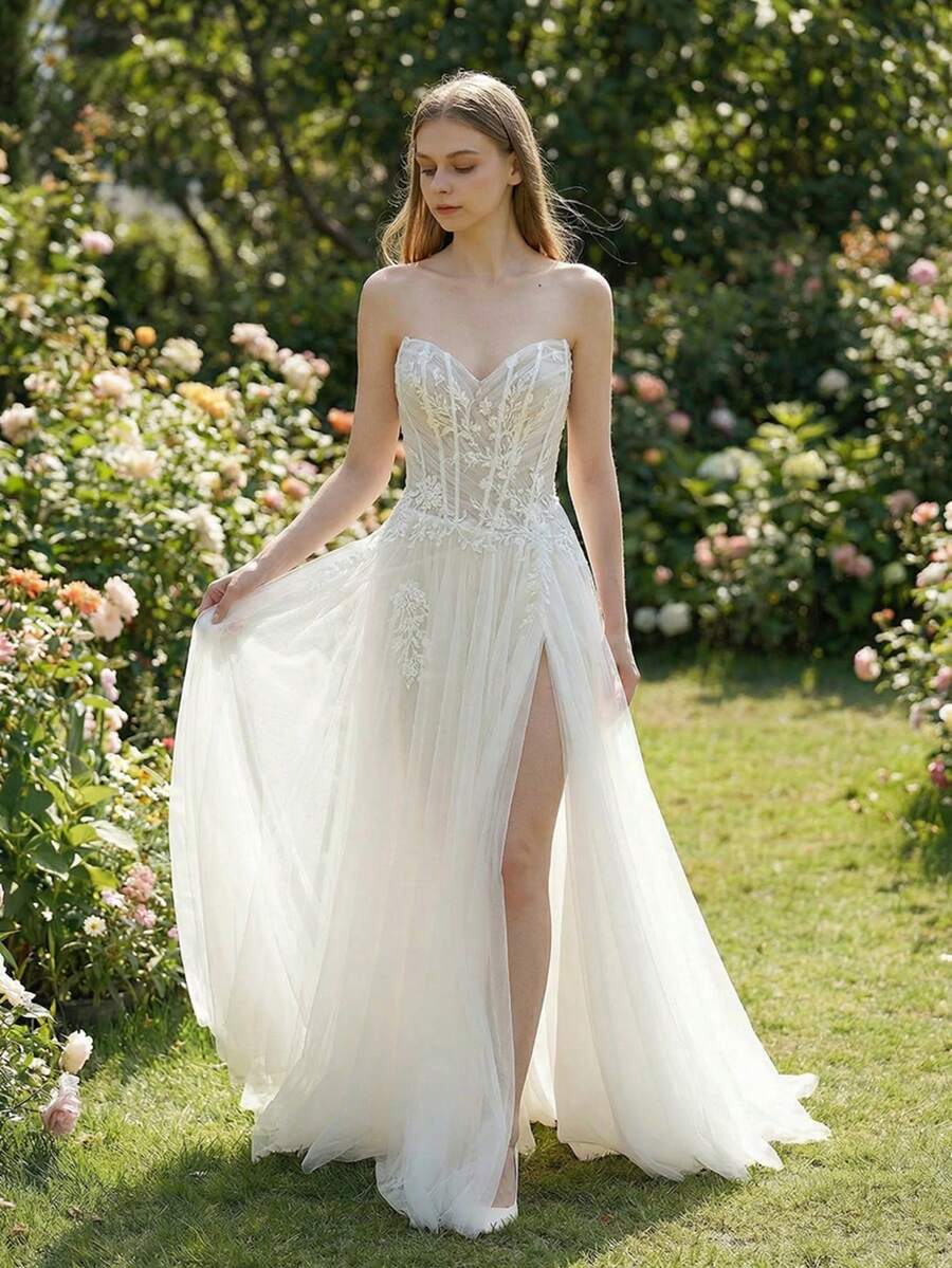 YOUKEFEIER Gaun Pengantin Panjang Model Duyung dengan Belahan Tinggi, Bordir Renda Berbentuk Hati, dan Garis Leher Berbentuk Hati - Krem - View 1