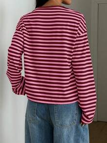 SDNGED Women's Casual Top, Striped Color Block Ribbed Fabric, Everyday Wear Spring/Autumn - Maroon - View 12