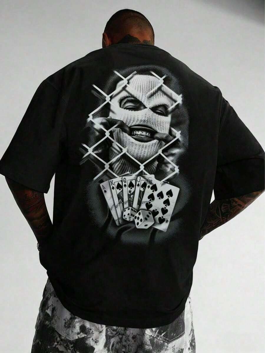 T-shirt d'été léger et transparent à manches courtes pour hommes - Blanc, avec imprimé graphique "Personnage et carte à jouer", col rond, tissu polyester doux et léger, adapté à un usage quotidien décontracté. Le style transparent peut ne pas convenir à certains. - Noir - Voir 1
