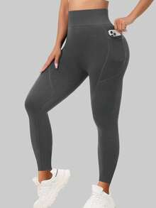 1 chiếc quần legging yoga màu đào không đường may, có túi bên hông, thích hợp cho mùa xuân, hè, thu và đông. - Xám - Xem 4