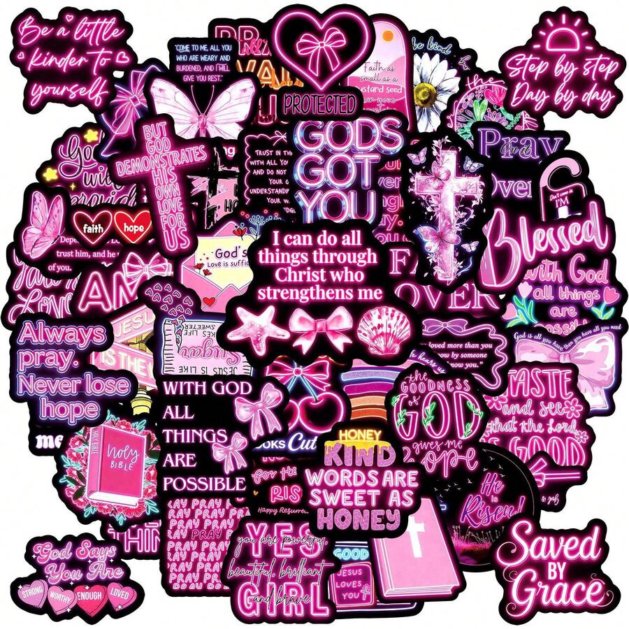 50pcs Neon Pink Christian Aesthetic Stickers, Motivational Bible Verse Faith Decals For Laptop, Water Bottle & Planner - Multicolor - View 1