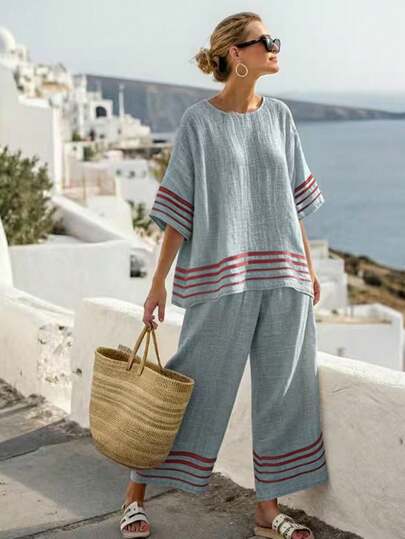Women's Striped Trim 2 Pieces Set, Loose Fit Short Sleeve Top And Wide Leg Pants Elegant