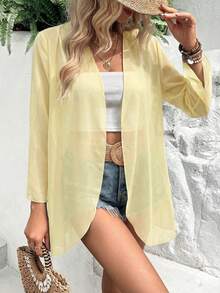 EARO Vacation Casual Solid Color Flare Sleeve Sheer Lightweight Jacket - Light Yellow - View 4