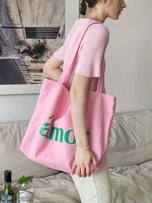 两件套复古风帆布手提包，印有“Amor”字样，女士大容量帆布手提包 - 时尚单肩包，适合旅行和购物，大号粉色帆布单肩包，多功能休闲手提包，色彩鲜艳，容量大，用途广泛，可手洗 - 无扣，日常手提包，休闲日常手提包 - 彩色 - 查看 4
