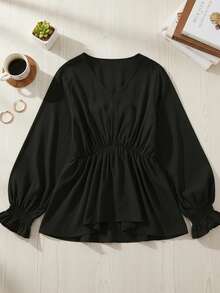 Camisa de mujer casual de manga larga con cuello en V asimétrico, cintura plisada, manga farol, color negro para primavera/verano - Negro - Ver 6