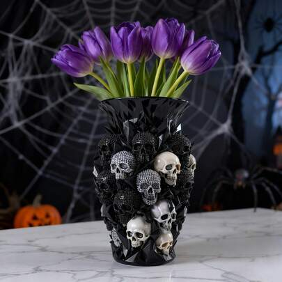 15 cm Vase de style gothique, pot de fleurs en résine d'intérieur et d'extérieur, convient pour la maison et le jardin, pot de fleurs en forme de crâne noir, vase de style ferme pour table, décoration rustique et vintage pour le salon, la cuisine, la chambre, les étagères, le bureau, la table de café, la salle à manger, la cheminée, convient pour la décoration de la maison pour Halloween, la Saint-Valentin et Noël