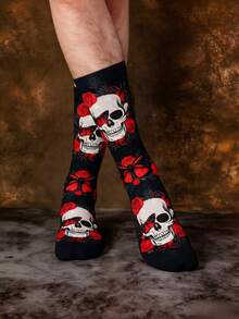1/3 双装男女通用深色骷髅玫瑰印花船袜，透气、休闲、百搭、时尚卡通图案短袜，适合作为礼物和日常穿着 - 彩色 - 查看 2