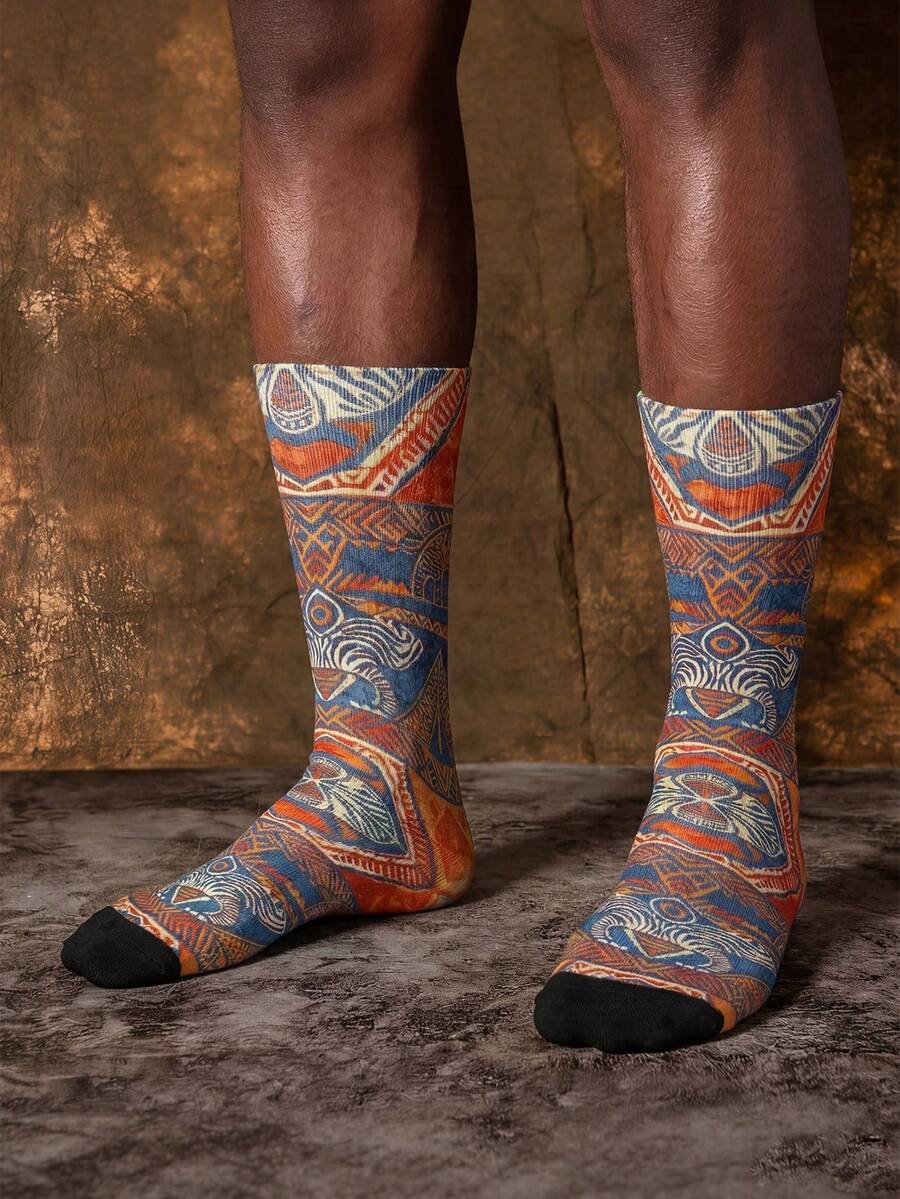 1/3 双非洲热带主题中筒袜，男士中筒袜，创意夏季穿搭 - 彩色 - 查看 1