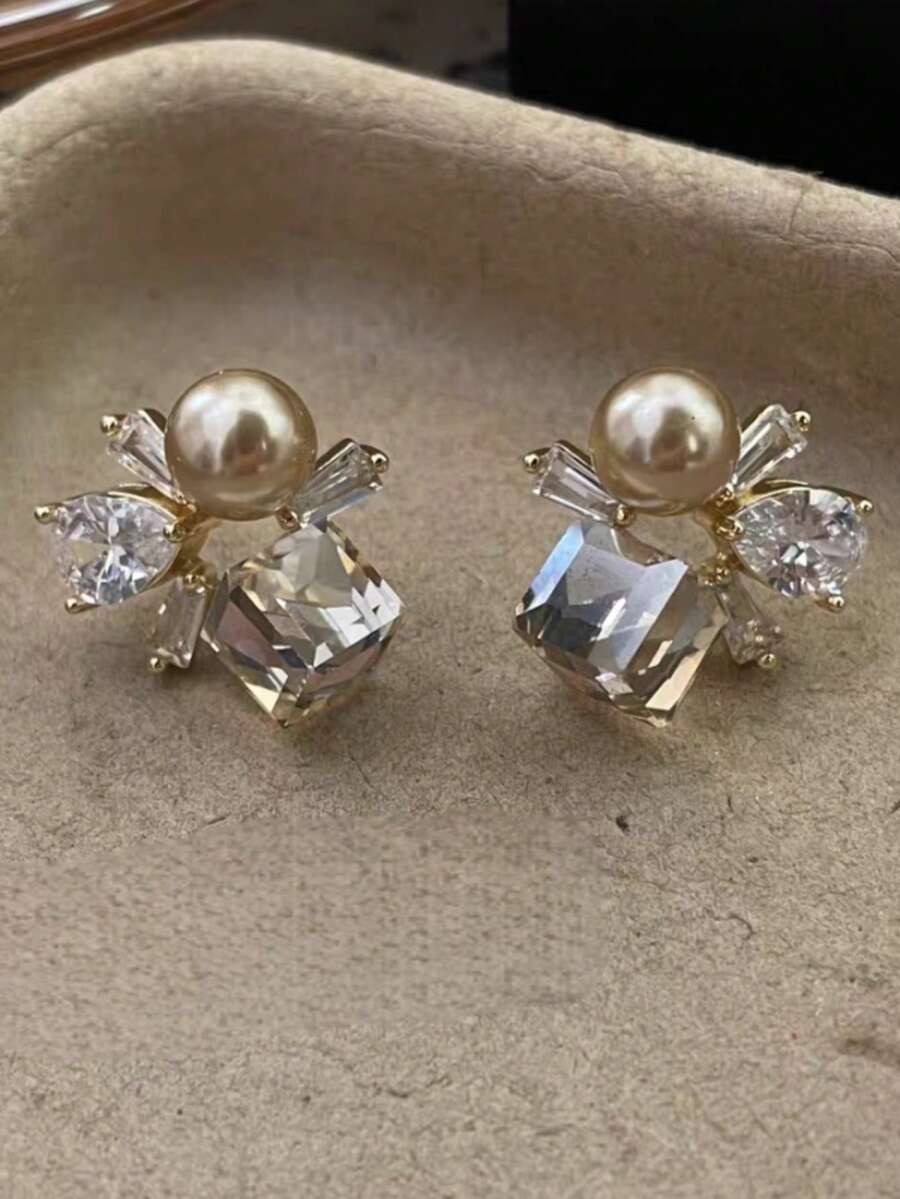 1 Đôi bông tai đính đá Zirconia tổng hợp và ngọc trai giả, kiểu dáng tối giản tinh tế dành cho nữ, quà tặng Ngày của Mẹ. - Rượu sâm banh - Xem 1
