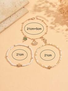 3pcs/Set Summer Beach Vacation Style Rice Bead Gold Anklet, Fashion Popular Coconut Tree Shell Marine Life Multi-Pendant Women's Foot Jewelry, Suitable For Daily Wear And Beach Vacation Travel, Rice Bead Color Is Random And Not Fixed - Multicolor - View 4