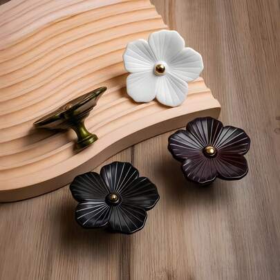 1pc Retro Flower Drawer Knob, Antique Copper Petal Cabinet Pull, Decorative ABS Furniture Handle For Dresser Wardrobe Door, Vintage Home Hardware Decor
