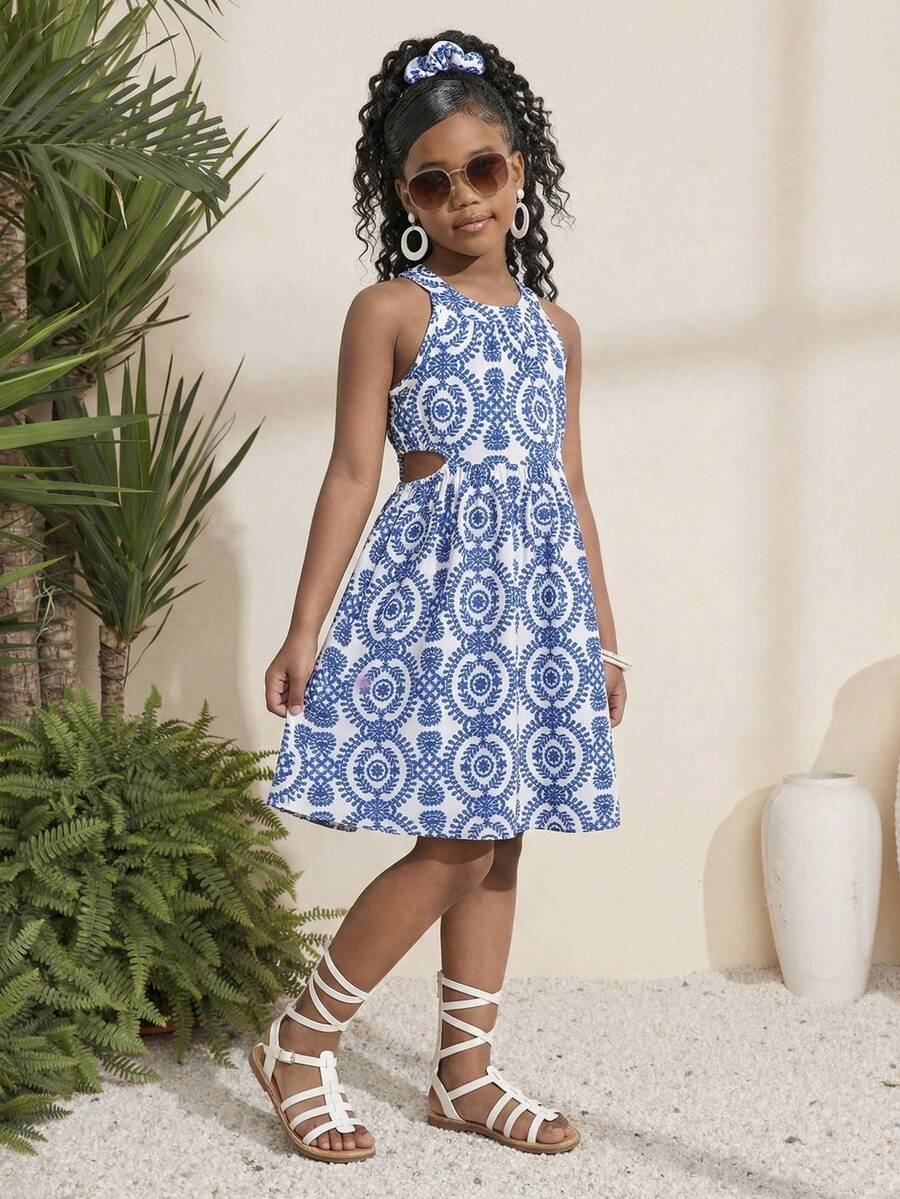 Purechapter 1 pieza Vestido midi sin mangas con cuello halter y cintura hueca para niñas preadolescentes, adecuado para vacaciones de verano en la playa - Azul - Ver 1