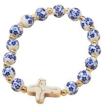 Jingdezhen Blue And White Porcelain Ceramic Beaded Bracelet, Chinese Style, Travel Souvenir, Small Golden Beans, Turquoise, Cross Beads - Blue - View 5
