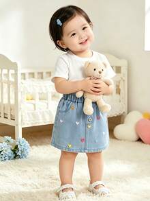 Falda vaquera con volantes y bordado de corazón asimétrico para niñas bebé - Azul - Ver 4