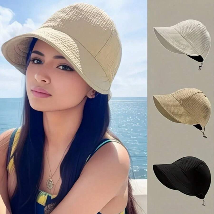 1件女款華夫格寬邊水桶帽,防紫外線抽繩可反穿遮陽帽,輕便可折疊水桶帽,適合戶外旅行、海灘、高爾夫 - A - 查看 1