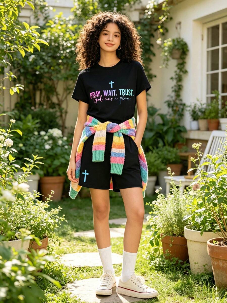 "Pray, Wait, Trust" God's Plan Set - Stylish Gift For Women |   Christian Everyday Wear |   For Believers In God - 黑色 - 查看 1
