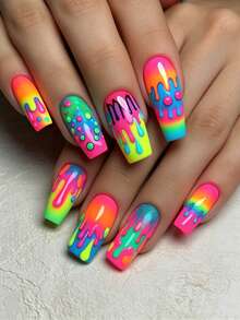 24Pcs Set Medium-Long Press On False Nails, Glossy Full Cover Acrylic Fake Nails, Reusable Design For Holidays Parties Dates Daily Wear, Ideal Nail Art Gift For Women & Girls With Jelly Gel & Nail File - 彩色塗鴉 - 查看 12