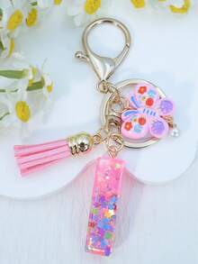 1pc Resin Letter Keychain With Butterfly & Pearl Decor, Minimalist Bag Charm, Holiday Gift For Women A-Z - Baby Pink - View 18