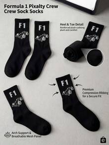 4 Pairs Men's Black Cartoon Racing Car Pattern Crew Socks, Breathable Moisture-Wicking, Suitable For Spring/Summer - Black and White - View 8