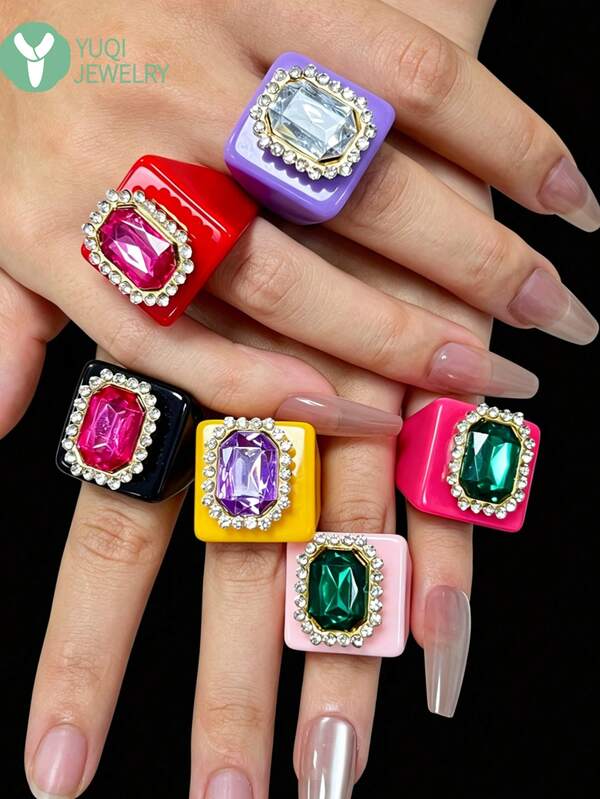 6枚复古美式糖果色方形戒指，仿水晶镶边树脂开口戒指，夸张配饰