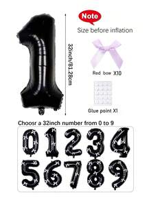 1pc 32 Inch Red Number Foil Balloon And 10pcs Black Satin Ribbon Bows, Decorative Balloons For Birthday Party, Christmas, Anniversary, Wedding Party, Party Celebration, Graduation, Valentine's Day, Shower, Bachelorette Party - Multicolor - View 2