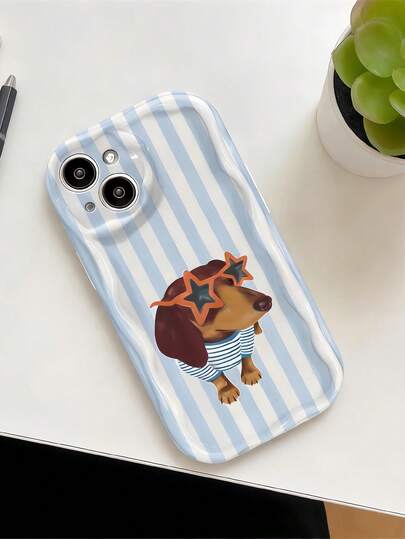1个白色多巴胺波浪褶皱软TPU质感创意可爱蓝色条纹小狗手机壳，兼容苹果17 Promax 17Air 17Pro 17 16 Promax 16 Plus 16 Pro 16 15 Promax 15 Plus 15 Pro 15 14 Promax 14 Plus 14 Pro 14 13 Promax 13 Pro 13 12 Promax 12 Pro 11 Promax 11 Pro 11 XS Max XR X/XS 7 Plus 8 Plus/Galaxy S21 S22 S23 S24 S25 S26