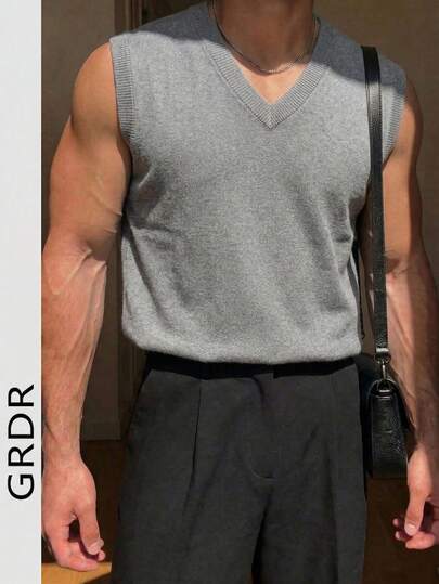  GRDR Men's Solid Color V-Neck Casual Versatile Knitted Vest, Autumn/Winter