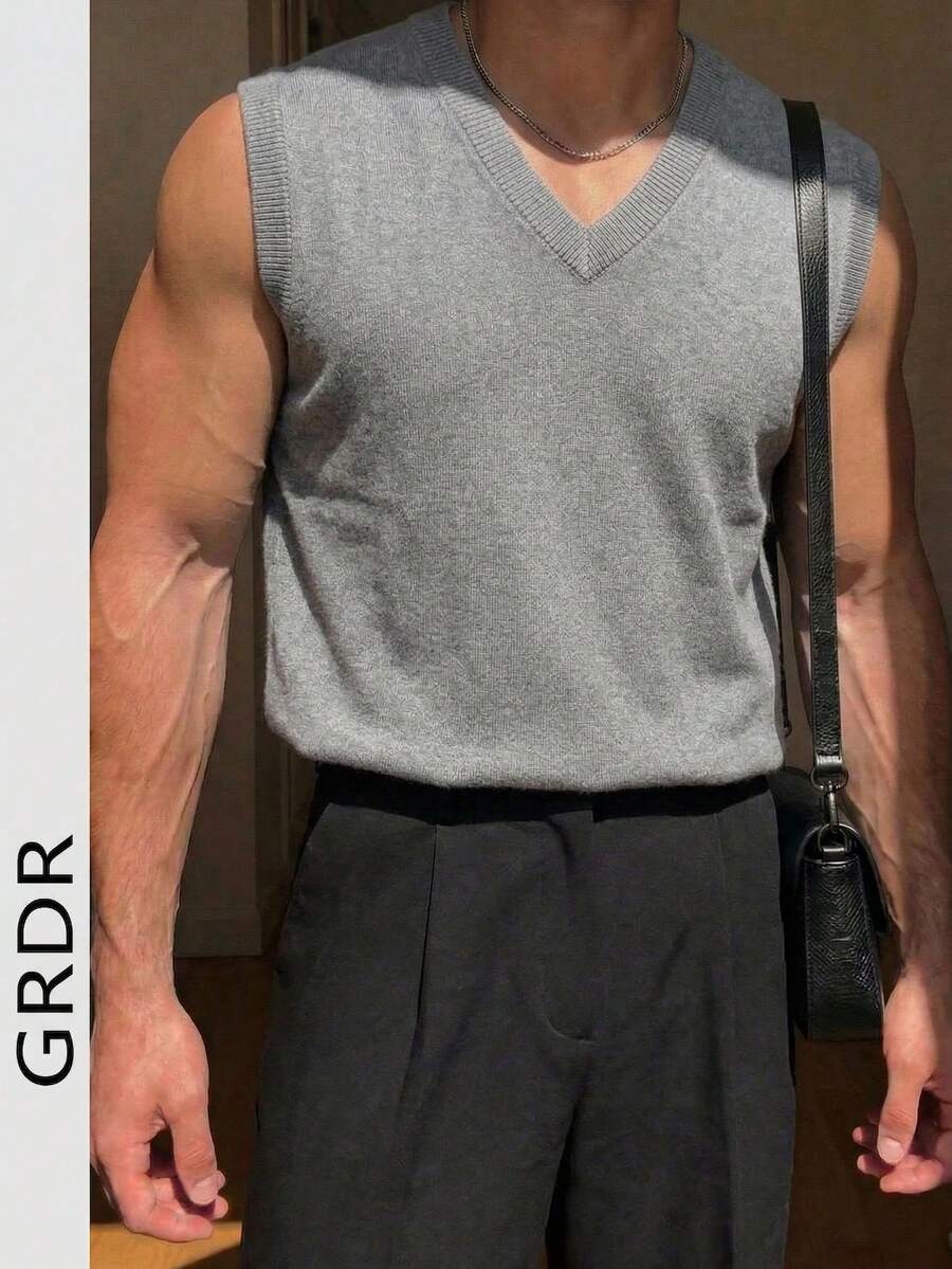 GRDR 男士纯色V领休闲百搭针织背心，秋冬款