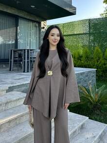 優雅女款寬鬆兩件套，包含圓領長袖罩衫與寬腿長褲，無彈性梭織布料，適合她的棕色秋季穿搭 - 棕色 - 查看 3