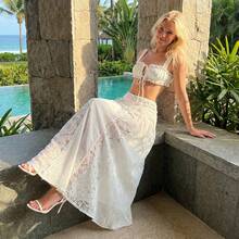 Women's 2 Piece Summer Boho Outfit Lace Trim Ruched Tie Front Crop Top + Lace Trim Flowy Long Maxi Skirts Set Cap Sleeve Vest Bra + Low Waist Skirt Set Summer Beachwear Cover Ups - 白色 - 查看 10