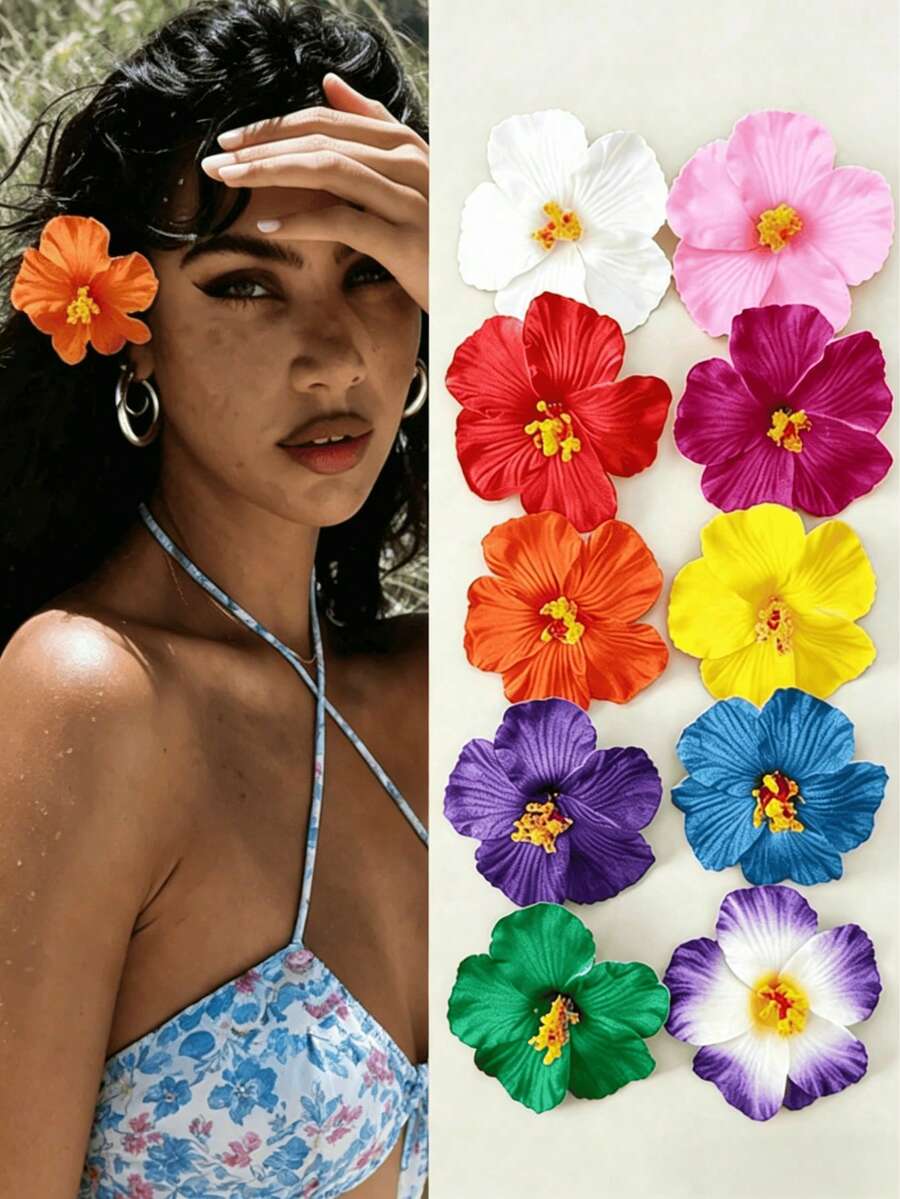 1/10pcs Hawaiian Flower Hair Clips, Summer Beach Vacation Hair Accessories For Women, Tropical Hawaiian Hair Pins For Photoshoot,Tropical Beach Hair Accessories For Women,Colorful Artificial Flower Hair Pins For Summer Holiday,Ladies Hibiscus & Lotus Flower Hair Clips,Beach Vacations, Hawaiian Parties, Summer Festivals, Photoshoots, Daily Wear - 多色 4 - 查看 1