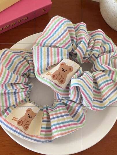 Dây buộc tóc hình gấu dễ thương và sọc cầu vồng, dây buộc tóc hình trái tim đáng yêu cho bé gái, phụ kiện tóc thiết kế mới, kẹp tóc đuôi ngựa, dây chun buộc tóc, dây buộc tóc co giãn.