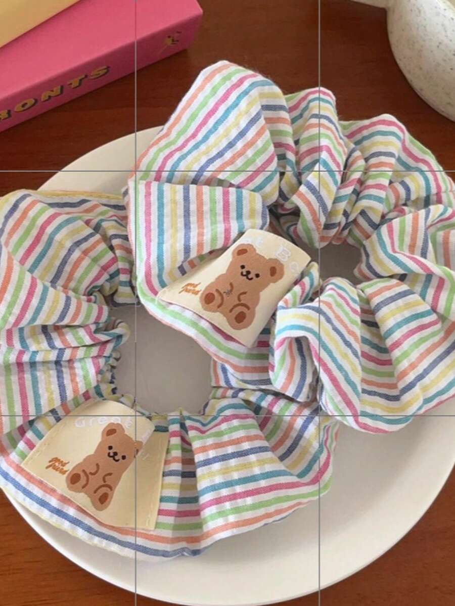 可爱小熊彩虹条纹发圈，萌萌女孩心形发绳，新款发饰马尾辫发圈发圈橡皮筋发绳发圈，旅行，生日礼物 - 彩色 - 查看 1