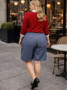 Women's Plus Size Denim Bermuda Shorts With Texture, High Waist, Pockets, Loose Fit, No Elastane, All Cotton, Basic, Elegant, Versatile, Very Comfortable - Màu xanh lam - Xem 7