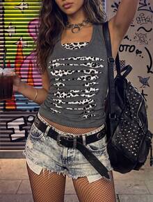 Áo tank top crop top phong cách Y2K dành cho nữ, họa tiết da báo xám, khoét lỗ, trang phục đường phố mùa hè cho các lễ hội. - Xám - Xem 2