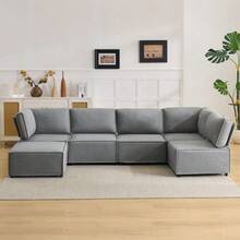 Set Of Semi-Compressed Modular Wooden Sofas, Versatile, Flexible And Easy To Connect, Suitable For Any Type Of Home, Upholstered In Beige Linen Fabric (Combination 2A+3B+C). - Light Grey - View 12