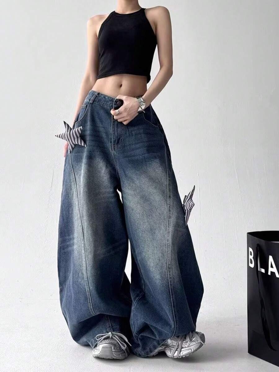 Vaquero estrella tridimensional vaquero masculino y femenino, la misma de moda de nicho relajado y delgado, pantalones de baile de jazz de piernas anchas de tubo recto - Azul vaquero - Ver 1