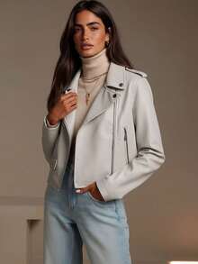 Women's Minimalist Versatile Faux Leather Short Motorcycle Jacket, Suitable For Spring And Autumn White - White - View 3