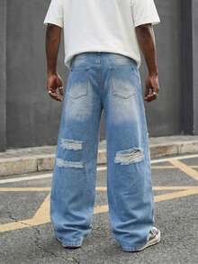 LIYS Retro Blue Distressed Loose Straight Leg Jeans, High Street Ripped Casual Wide Leg Pants - Blue - View 3