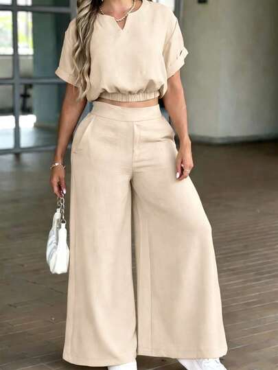 Conjunto de 2 piezas de top con cuello en pico y pantalones de pierna ancha, casual y elegante para uso diario y vacaciones, primavera/verano